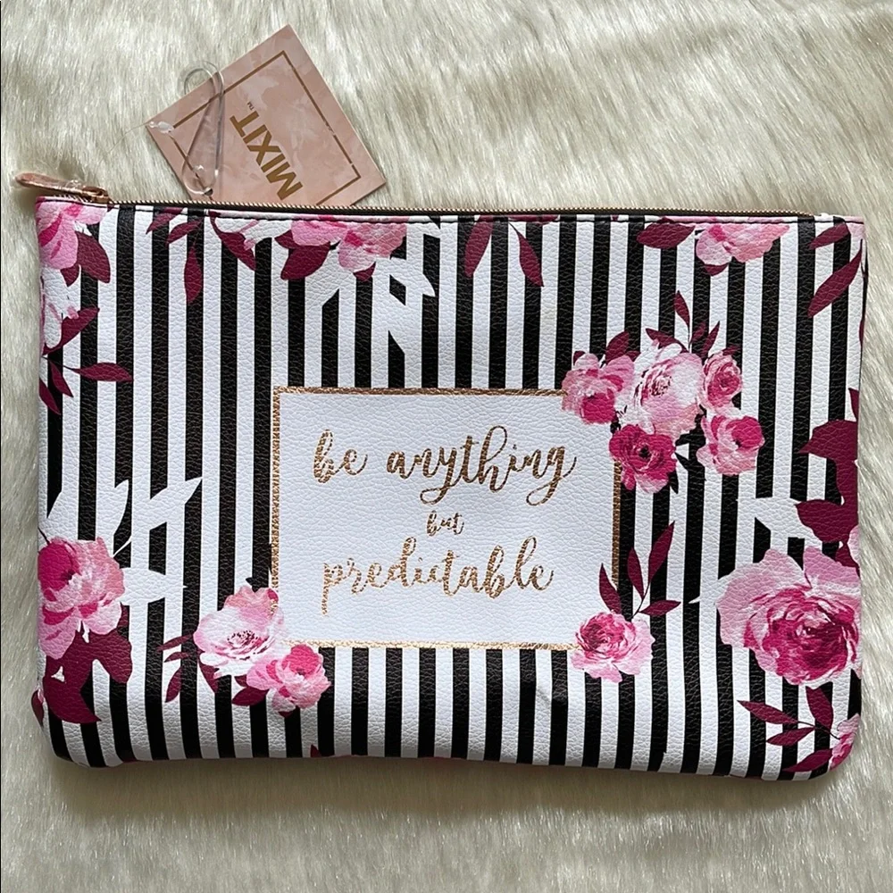 Be Anything But Predictable Multicolor Floral Striped Travel Makeup Cosmetic Bag
